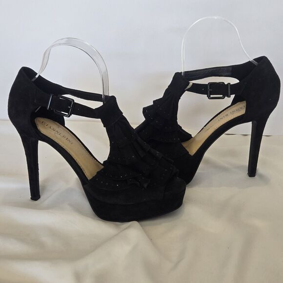 Gianni Bini Aimee Black Suede Women 9.5M Rhinestone Ruffle Top Open Toe Heels - Picture 3 of 9